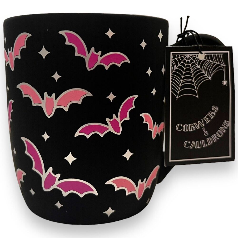 NWT COBWEBS & CAULDRONS HALLOWEEN BLACK PINK BATS SOFT TOUCH COFFEE MUG TIKTOK
